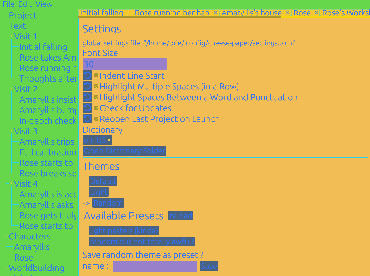 Screenshot of the Cheese Paper editor open, with a randomly generated theme. The left sidebar is bright green, the text is blue, the buttons are also blue (and barely readable). The main settings window is a pale orange/yellow. It looks awful.